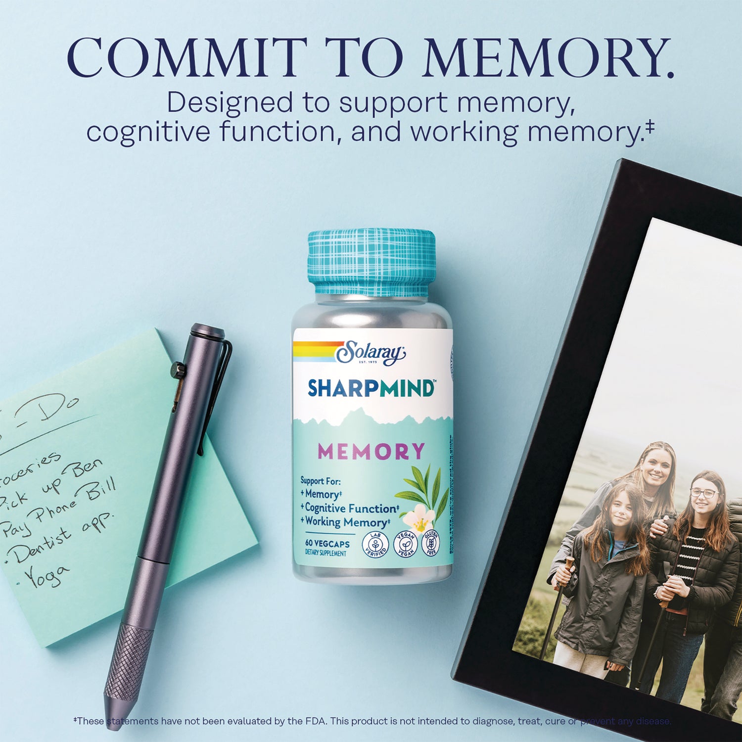 SLR526 | Commit to MemorySolaray SharpMind Memory bottle with benefit text, pen, notes, and photo frame