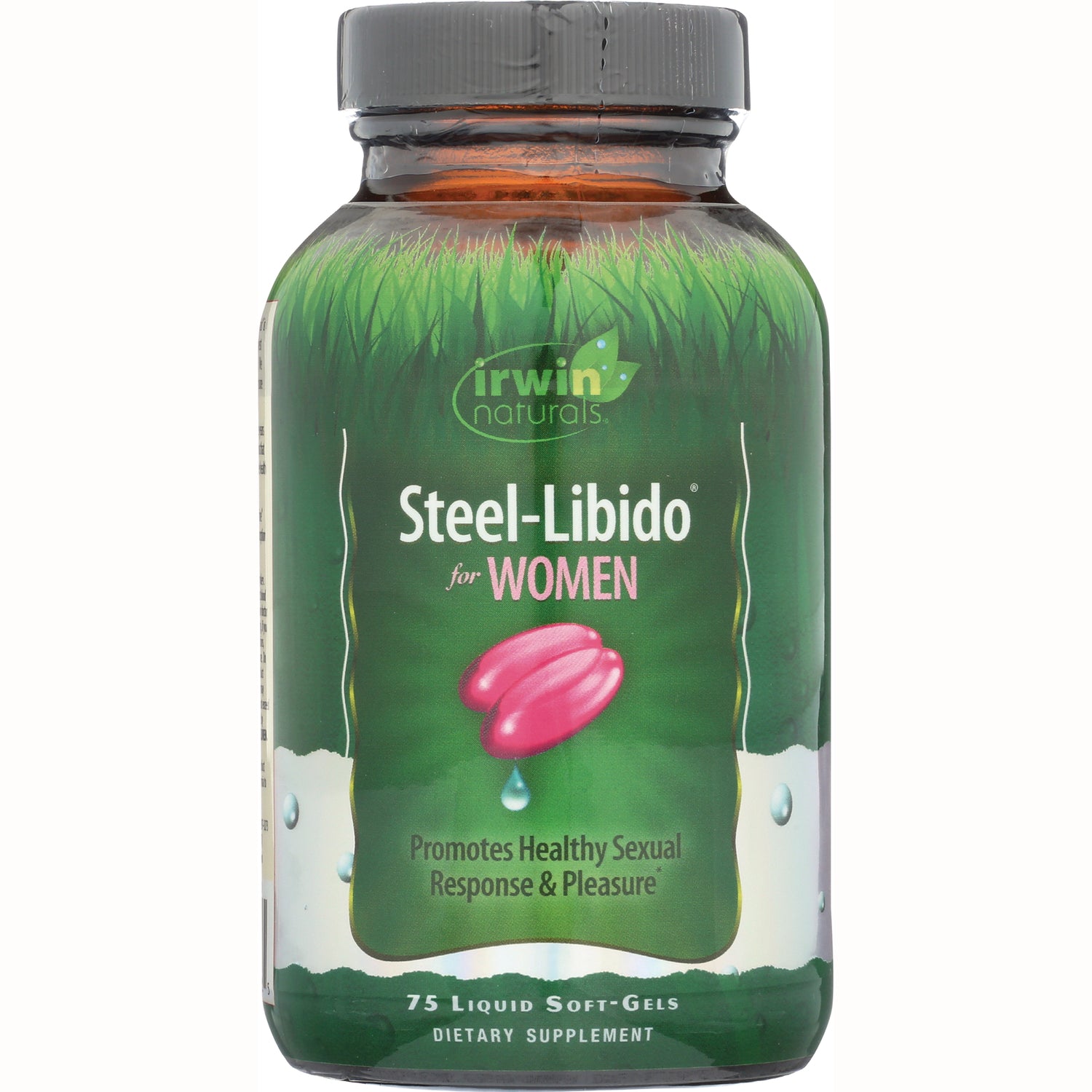 IR066 | Irwin Naturals Steel-Libido for Women green bottle front label with pink soft-gel illustration stating Promotes Healthy Sexual Response & Pleasure