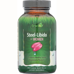 IR066 | Irwin Naturals Steel-Libido for Women green bottle front label with pink soft-gel illustration stating Promotes Healthy Sexual Response & Pleasure