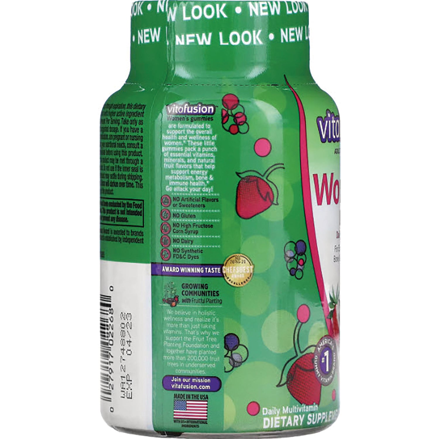 VFS012 | vitafusion Women's Gummies bottle side with benefits icons and New Look cap