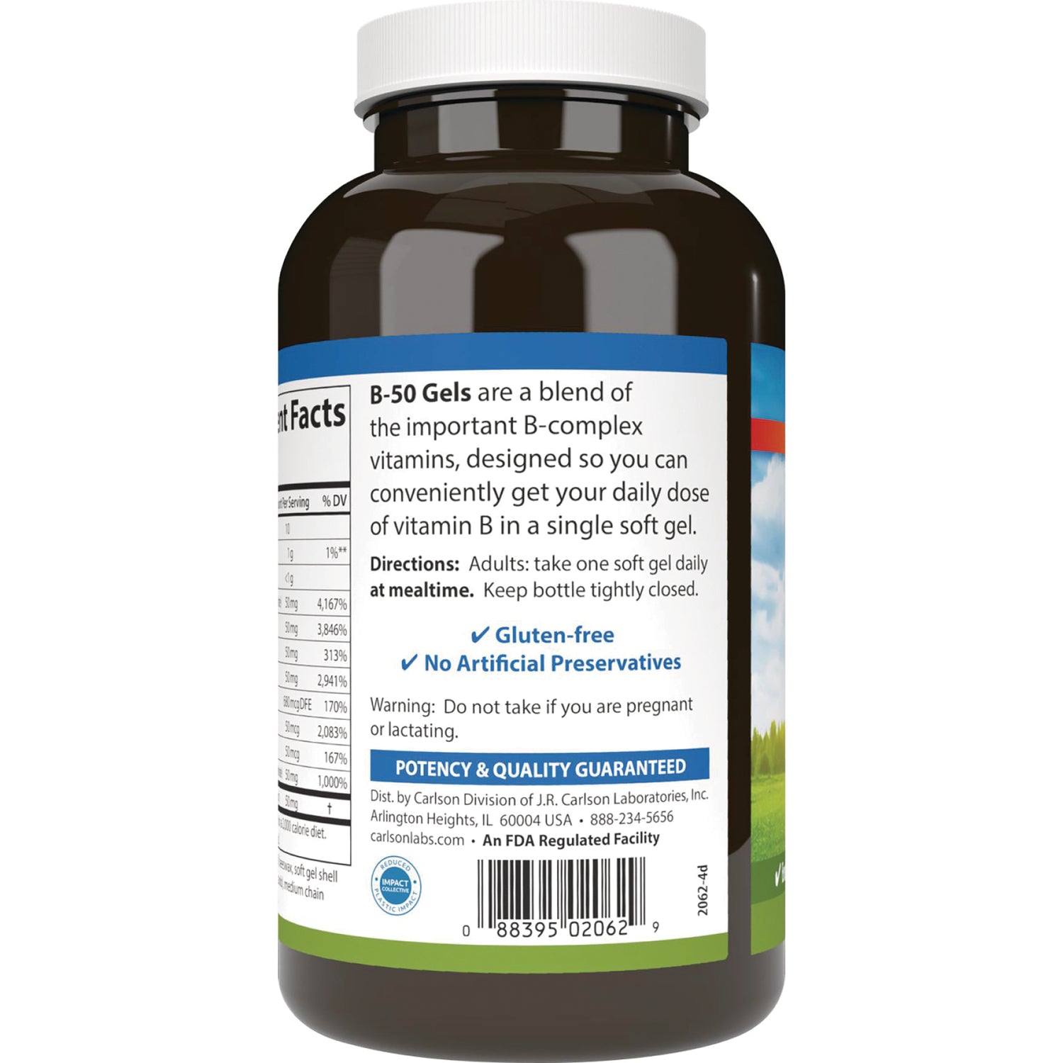 CSN311 | Back label of brown supplement bottle showing directions, gluten-free and no artificial preservatives text and barcode