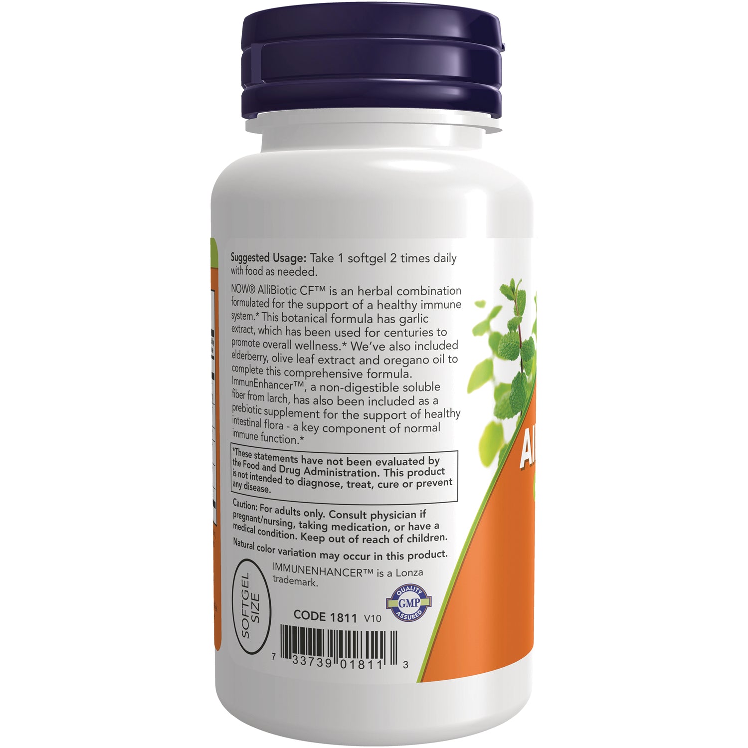 NWF281 | Back of white supplement bottle showing usage directions, ingredient text, barcode and GMP seal