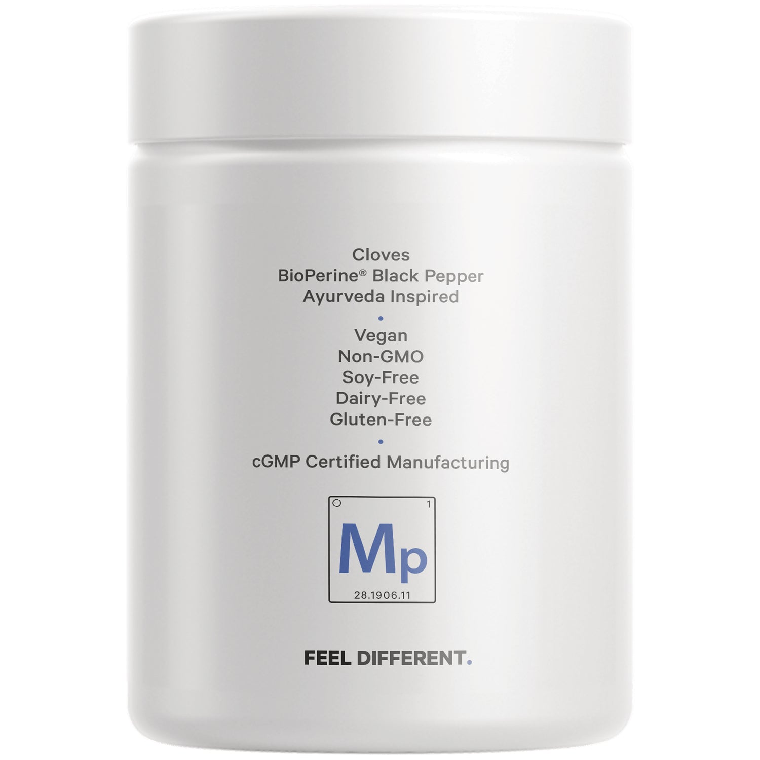 CDG052 | Back of white supplement jar showing ingredient highlights and claims vegan, non-GMO, soy-free, dairy-free, gluten-free, cGMP certified