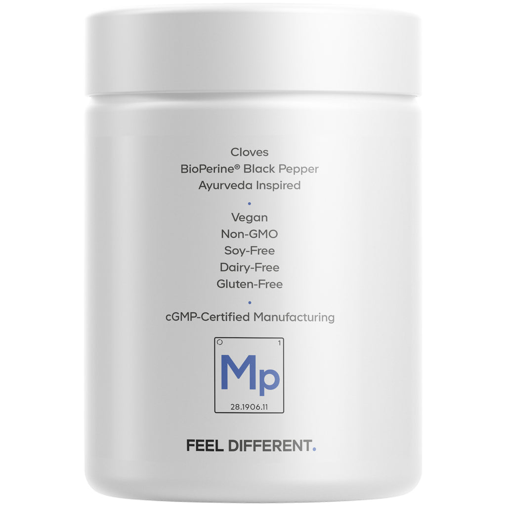 CDG052 | Back of white supplement jar showing ingredient highlights and claims vegan, non-GMO, soy-free, dairy-free, gluten-free, cGMP certified - Thumbnail