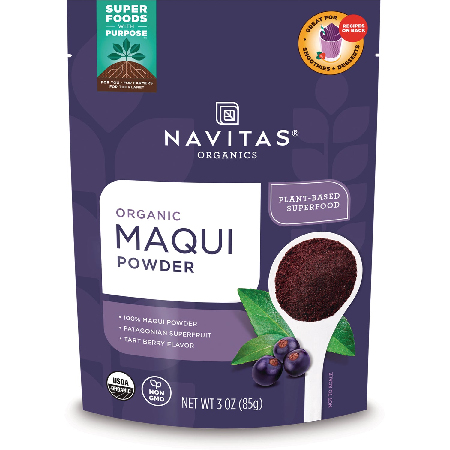 NAV034 | Navitas Organics organic maqui powder pouch front with spoon of purple powder and berries, net wt 3 oz