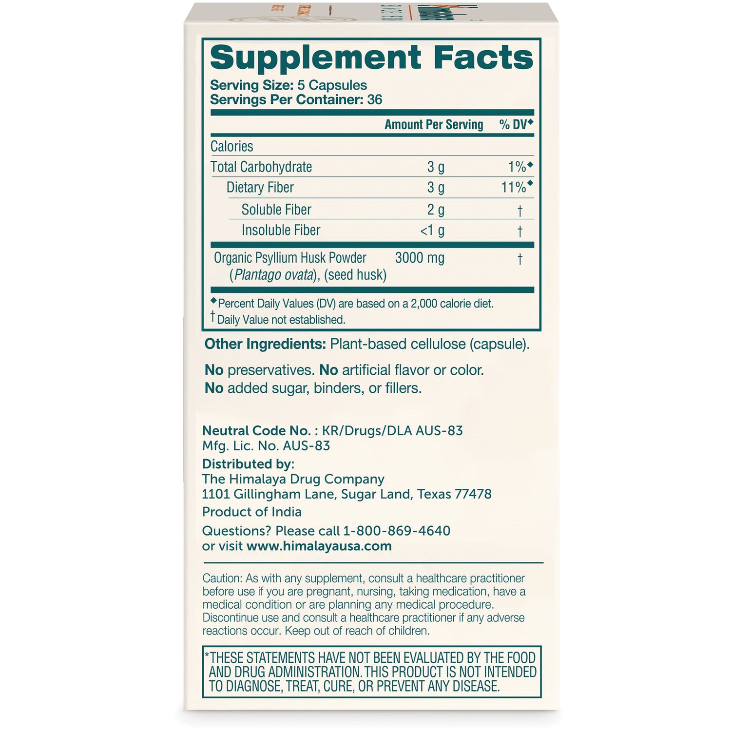 HHH059 | Supplement Facts panel showing serving size 5 capsules, psyllium husk 3000 mg, other ingredients and caution