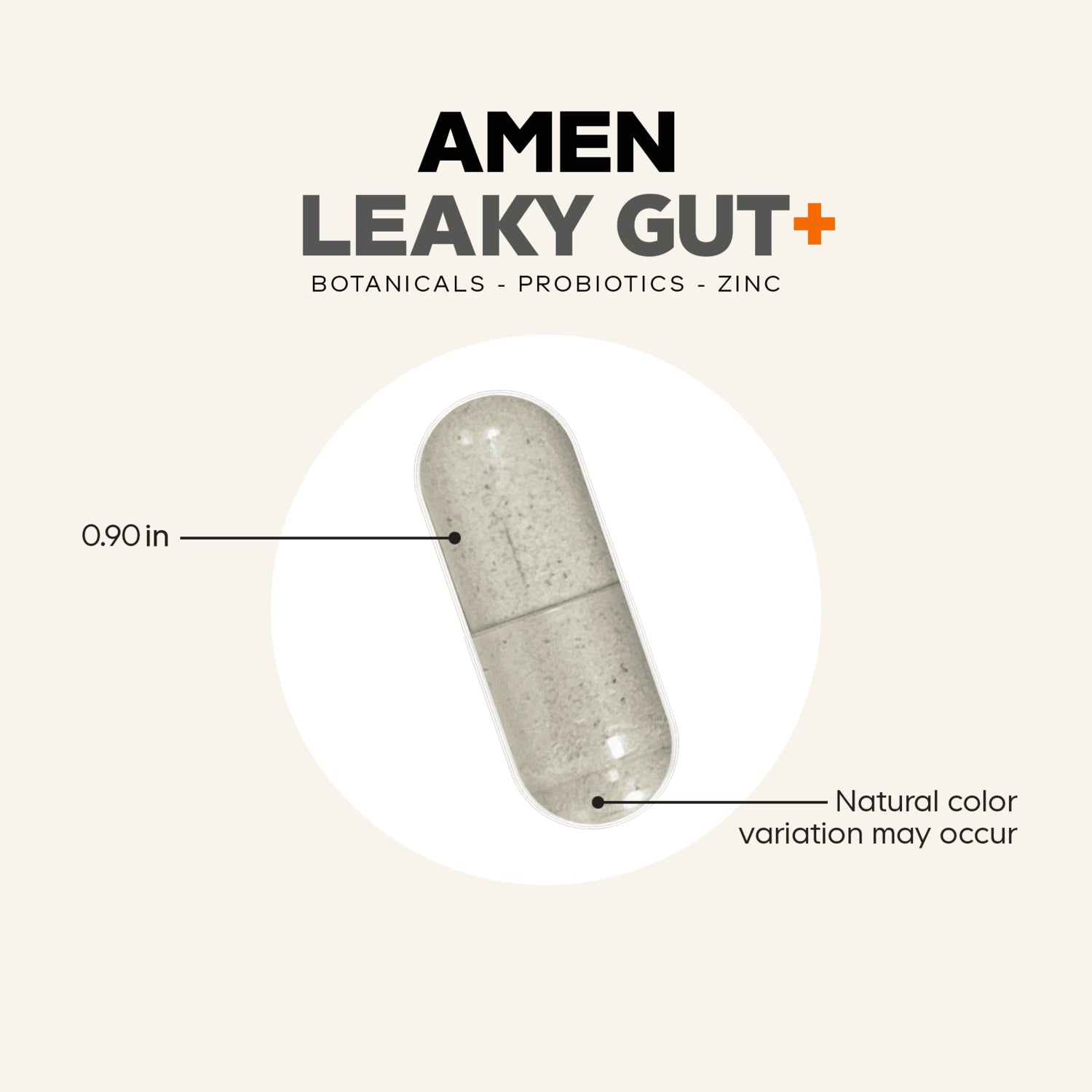 CDG006 | Amen Leaky Gut+ capsule infographic showing 0.90 in size and natural color variation