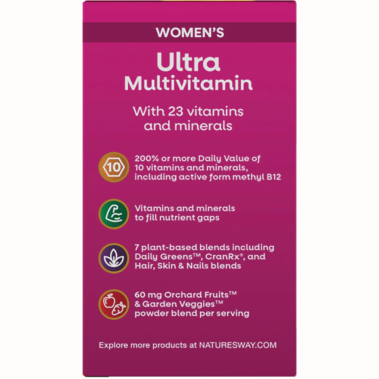 NW711 | Women's Ultra Multivitamin product infographic listing 23 vitamins and minerals and key benefits