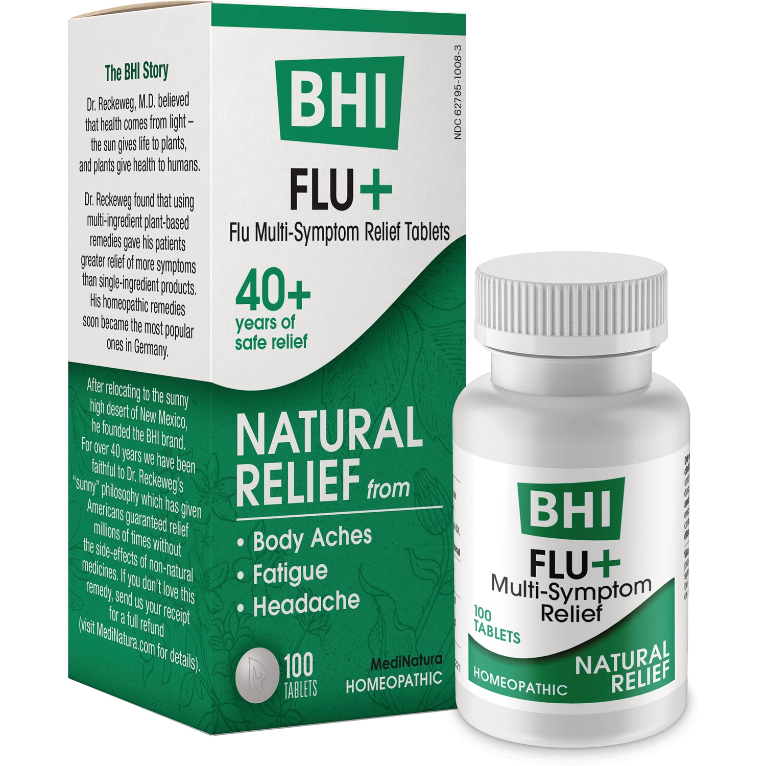 MNA036 | Front of BHI FLU+ natural relief flu multi-symptom tablets box, 100 tablets