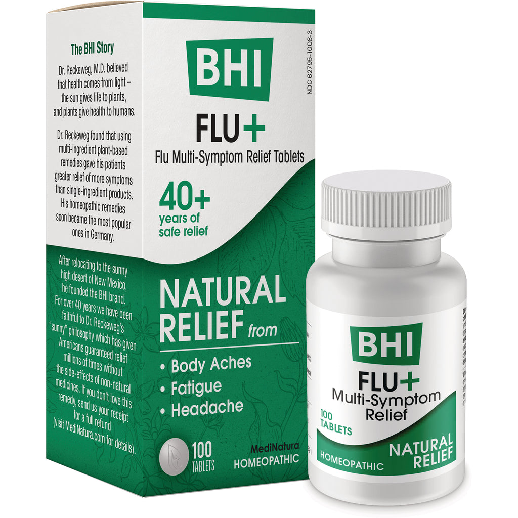 MNA036 | Front of BHI FLU+ natural relief flu multi-symptom tablets box, 100 tablets - Thumbnail
