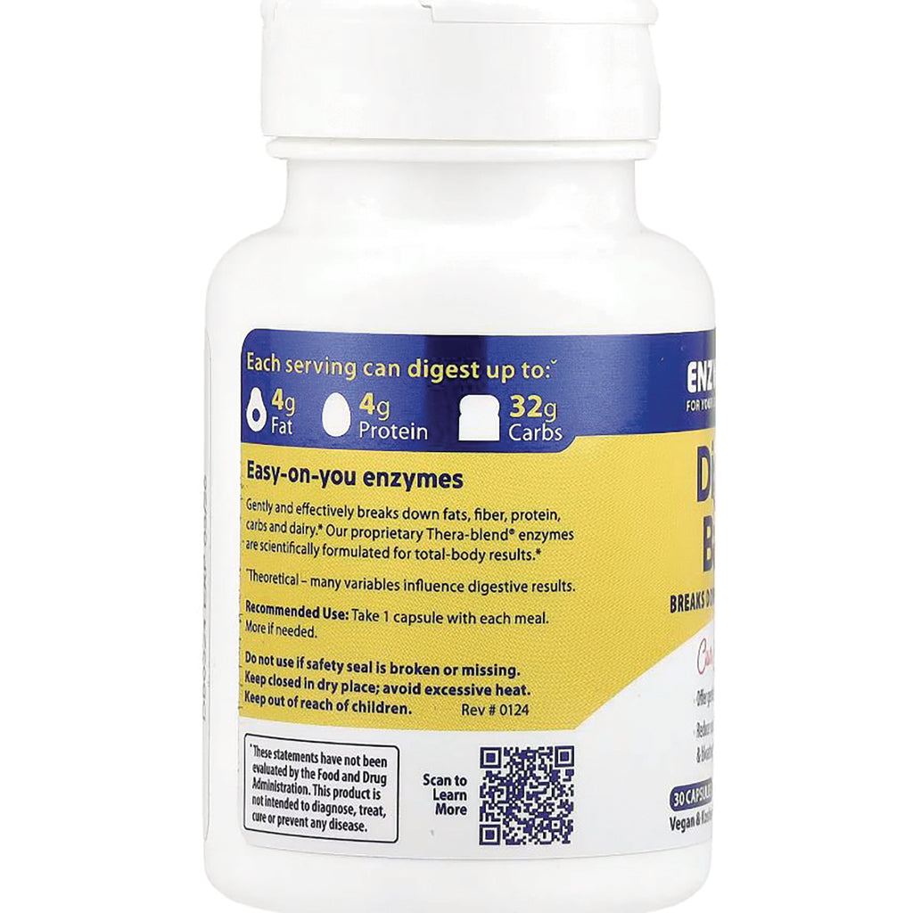 EMD028 | Back label of white supplement bottle showing digest icons, usage directions, warnings and QR code - Thumbnail