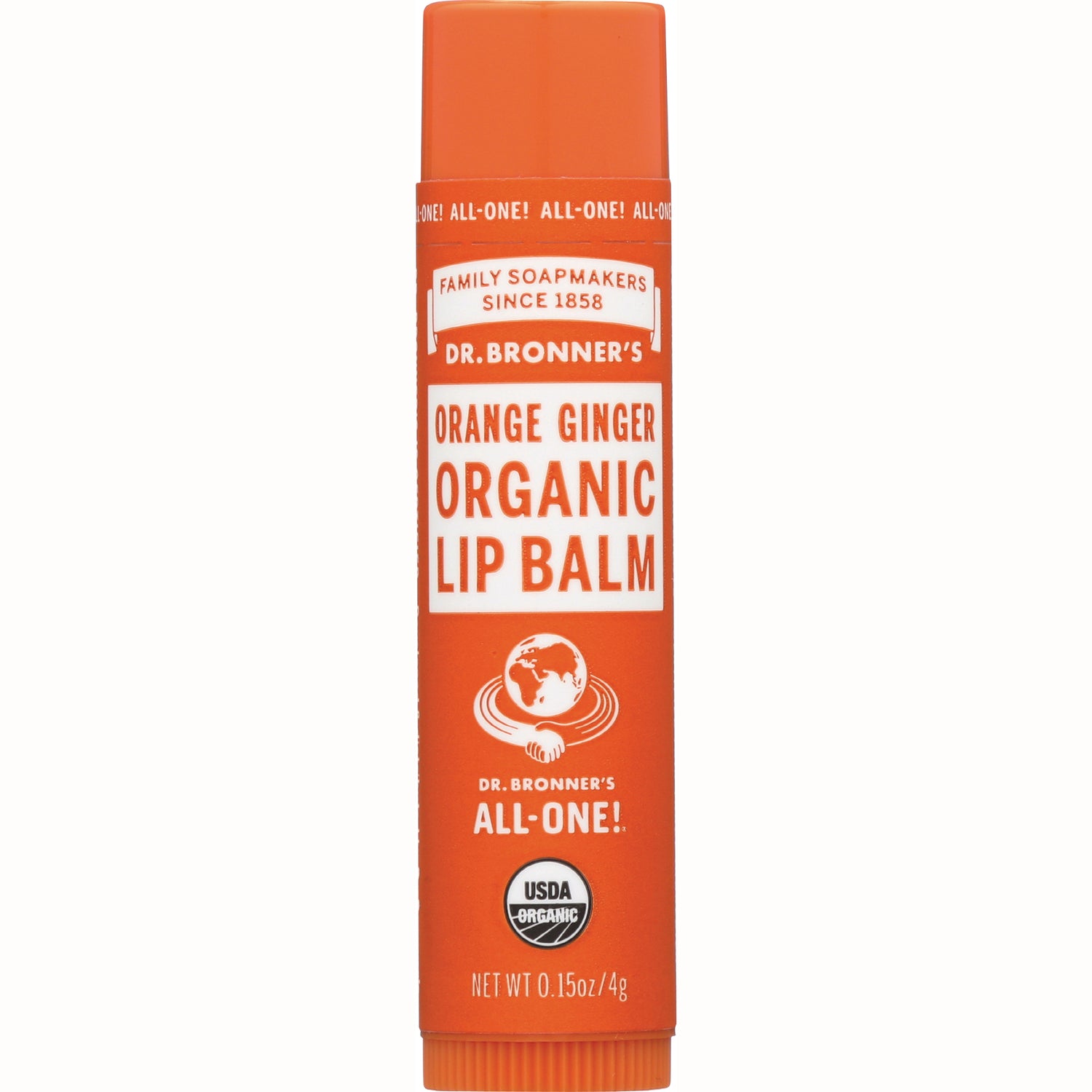 DRB033 | Dr. Bronner's Orange Ginger organic lip balm tube showing USDA Organic seal