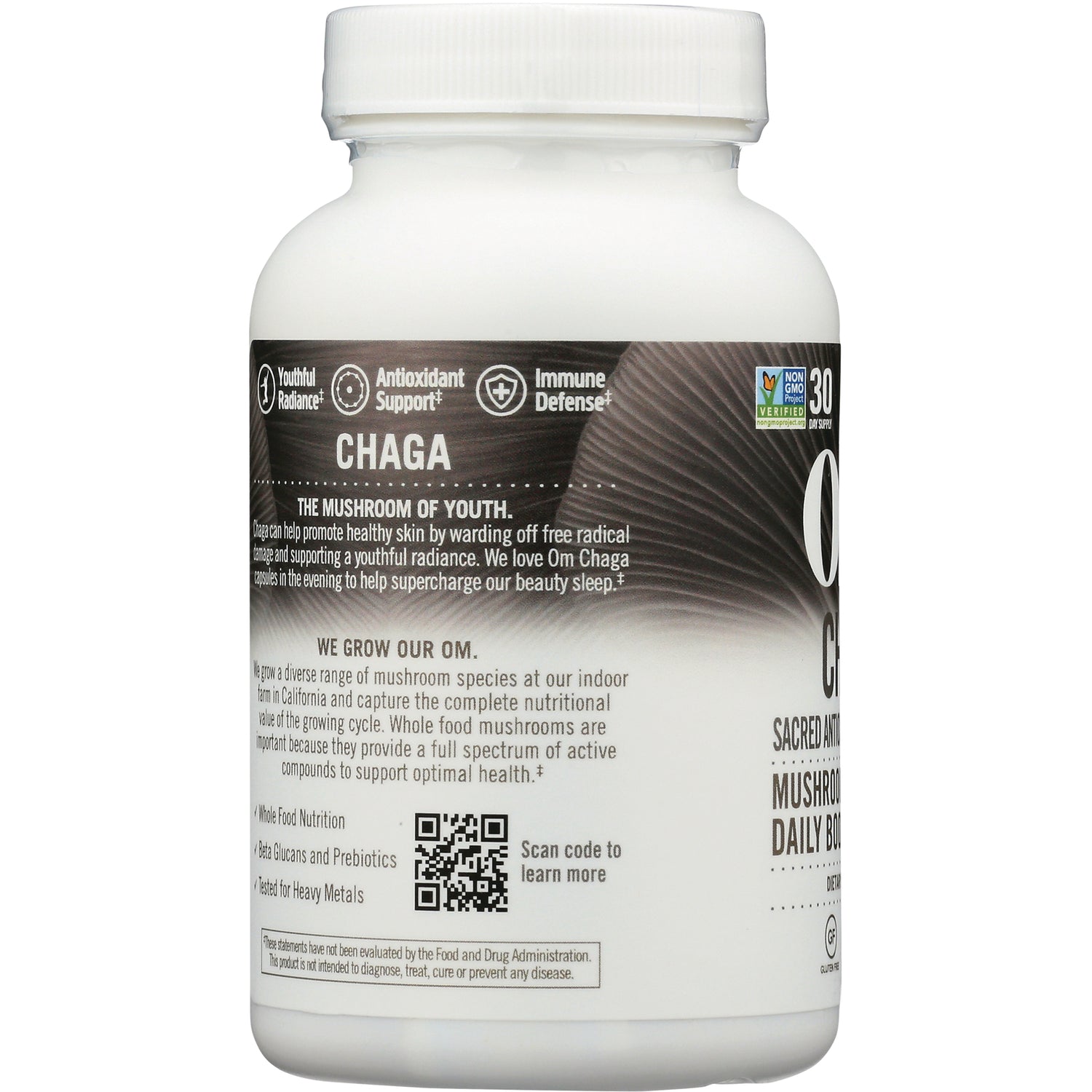 MMX023 | product infographic label for Chaga mushroom supplement showing benefits, QR code, and product description