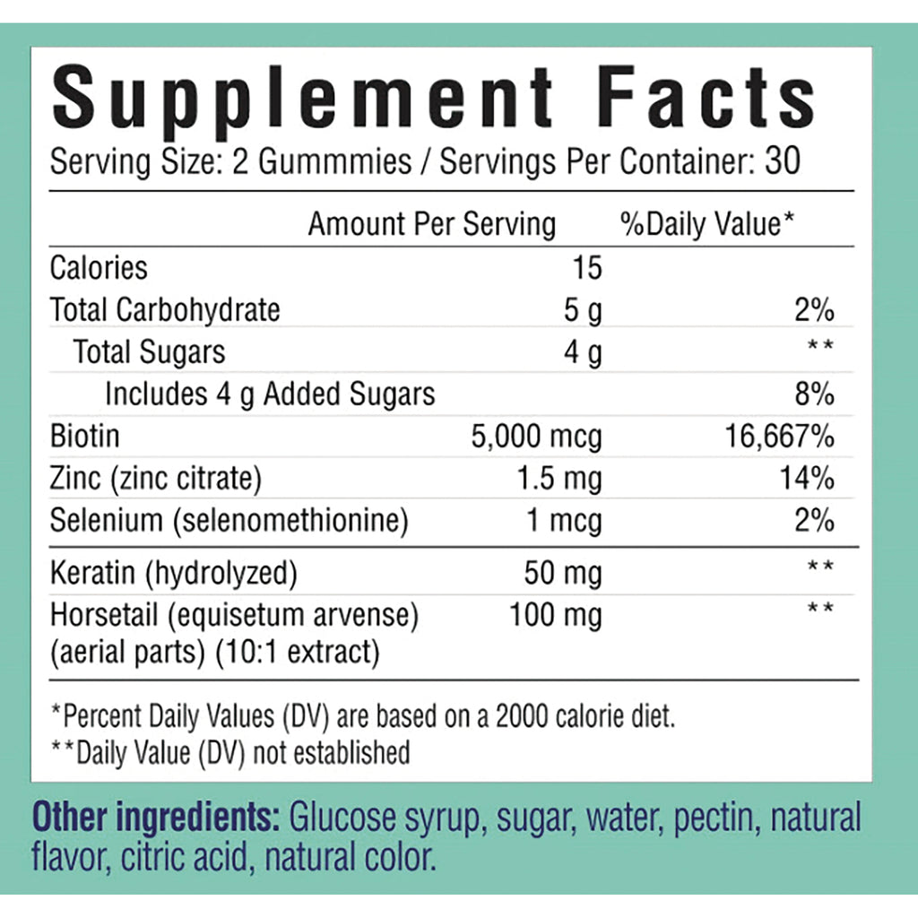 HO006 | Supplement Facts panel showing serving size 2 gummies; calories 15; biotin 5,000 mcg; zinc 1.5 mg; keratin 50 mg; horsetail 100 mg - Thumbnail