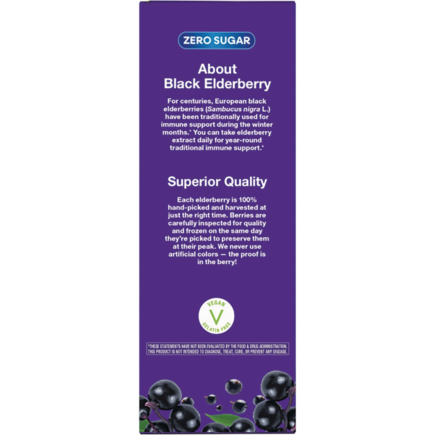 NW664 | Back panel displaying About Black Elderberry text, Superior Quality paragraph, vegan symbol and elderberry graphics