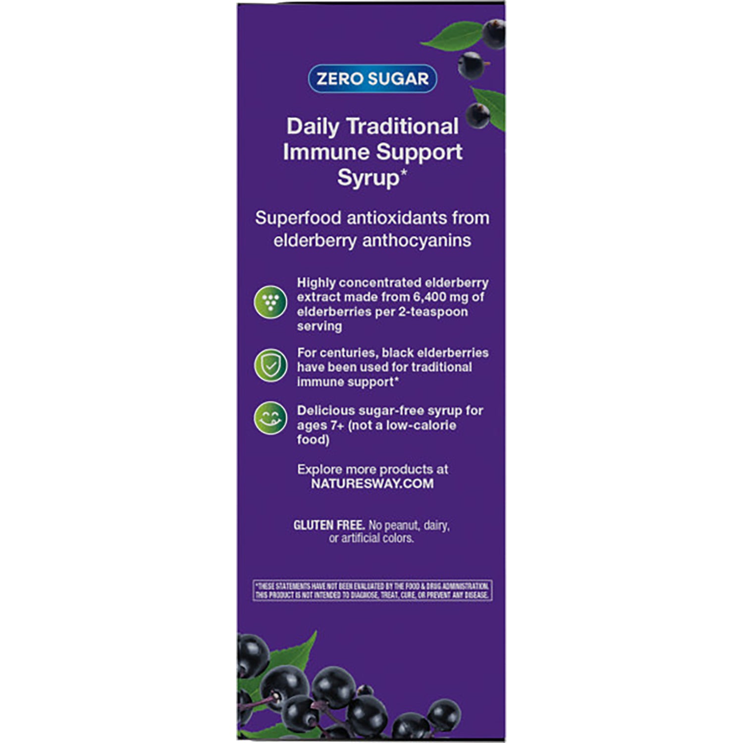 NW664 | Back panel displaying About Black Elderberry text, Superior Quality paragraph, vegan symbol and elderberry graphics