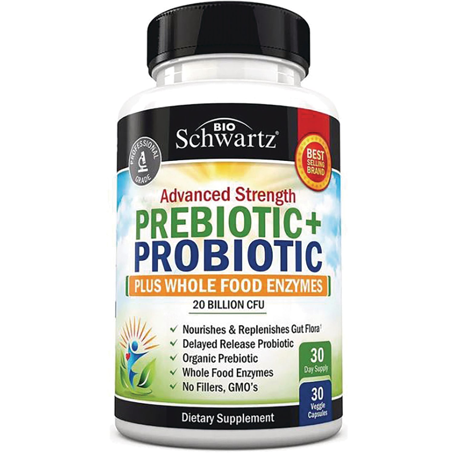 BSZ019 | BioSchwartz Advanced Strength Prebiotic+ Probiotic bottle front showing 20 billion CFU and 30 veggie capsules