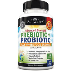 BSZ019 | BioSchwartz Advanced Strength Prebiotic+ Probiotic bottle front showing 20 billion CFU and 30 veggie capsules