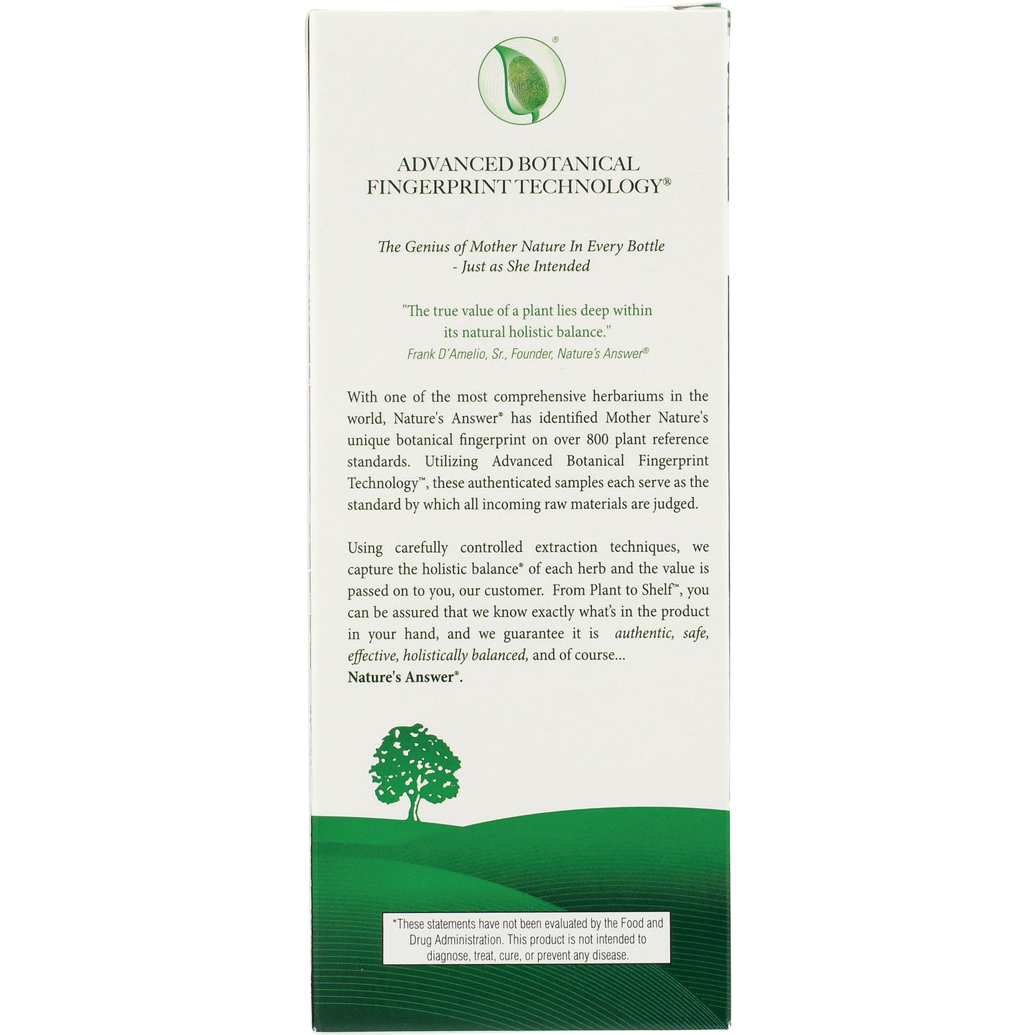 NAT087 | Product information panel titled Advanced Botanical Fingerprint Technology with descriptive text and green tree graphic