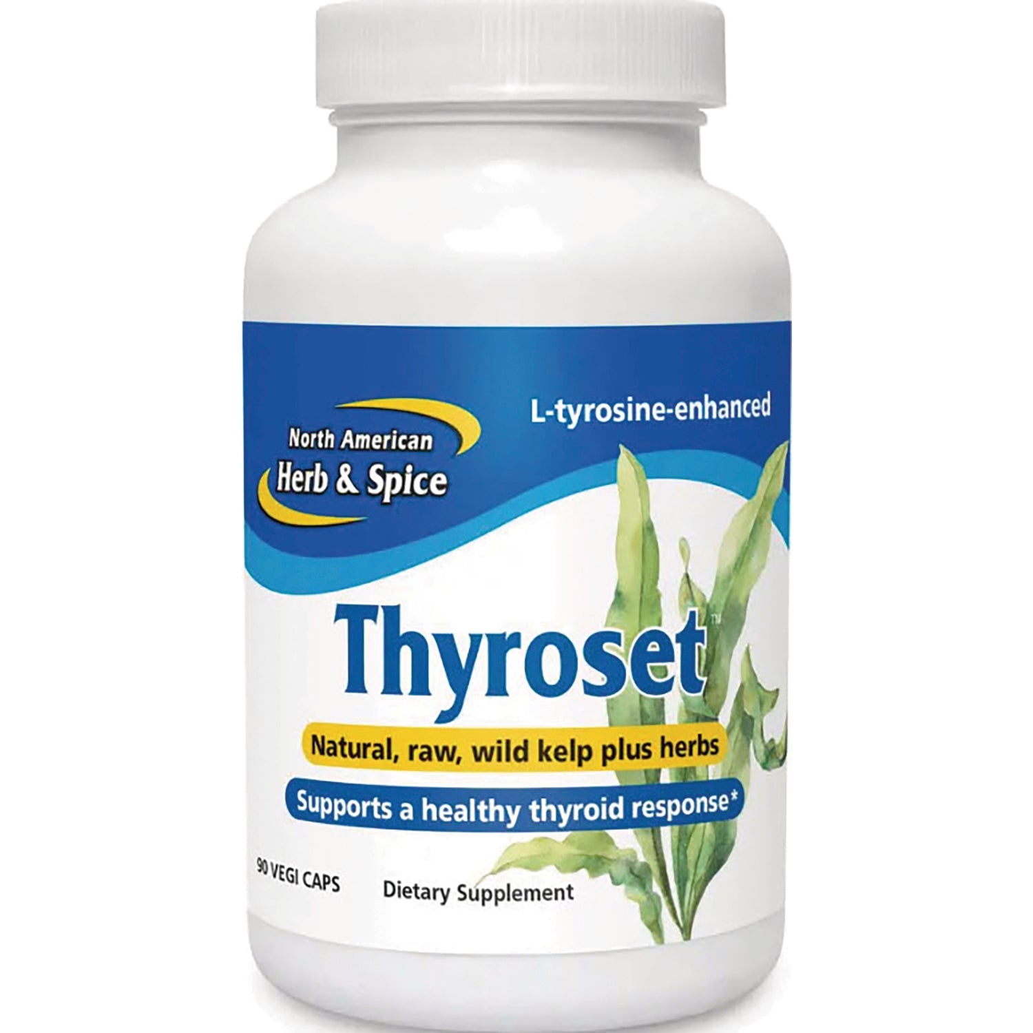 NHS041 | Thyroset dietary supplement bottle labeled Natural, raw, wild kelp plus herbs, 90 vegi caps