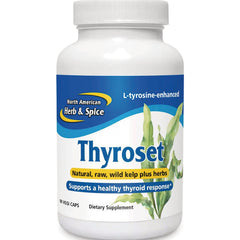 NHS041 | Thyroset dietary supplement bottle labeled Natural, raw, wild kelp plus herbs, 90 vegi caps