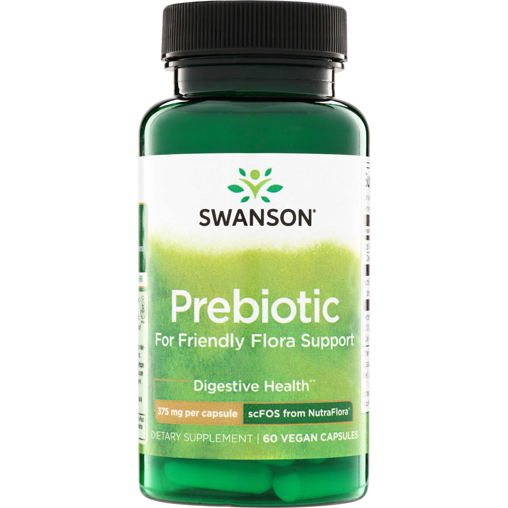 SWA032 | Swanson Prebiotic bottle front, For Friendly Flora Support, Digestive Health, 375 mg per capsule, 60 vegan capsules - Thumbnail
