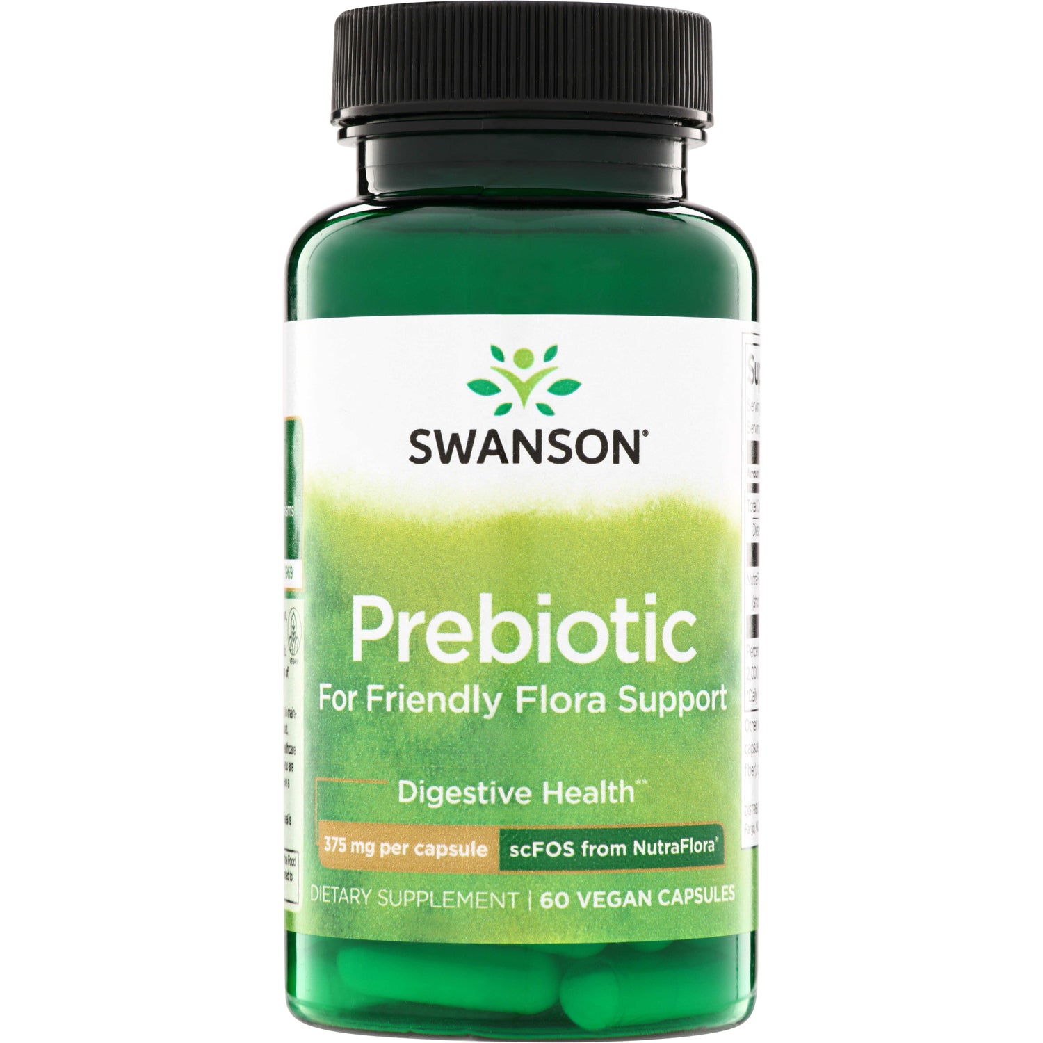 SWA032 | Swanson Prebiotic bottle front, For Friendly Flora Support, Digestive Health, 375 mg per capsule, 60 vegan capsules