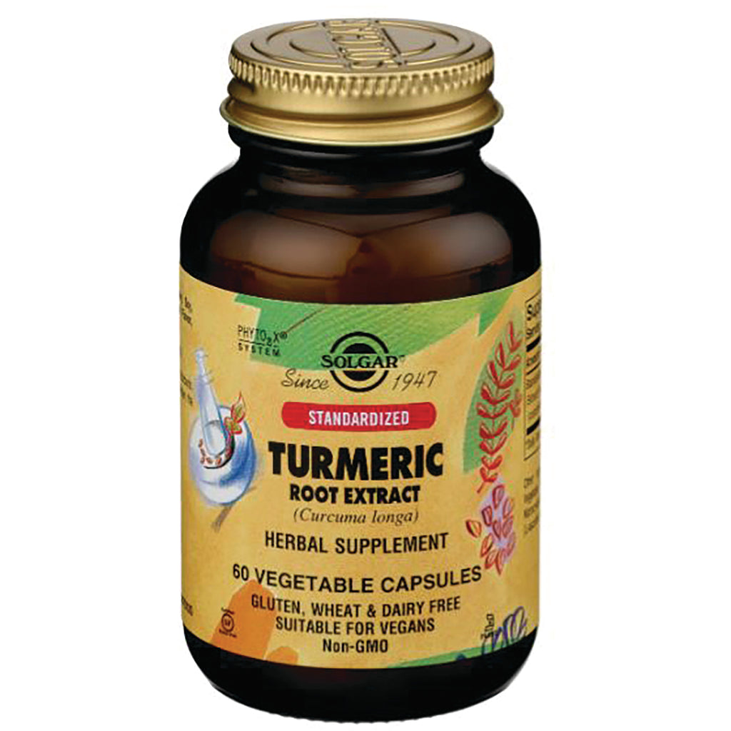 SLG345 | Solgar Turmeric Root Extract herbal supplement bottle, amber jar with gold cap labeled 60 vegetable capsules - Thumbnail