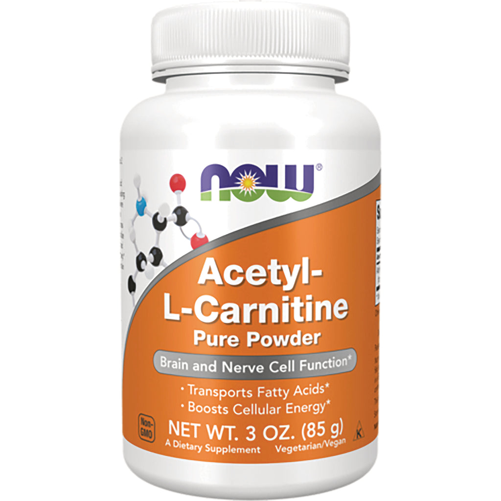 NWF1035 | NOW Acetyl-L-Carnitine Pure Powder supplement bottle with orange label NET WT. 3 OZ (85 g) - Thumbnail