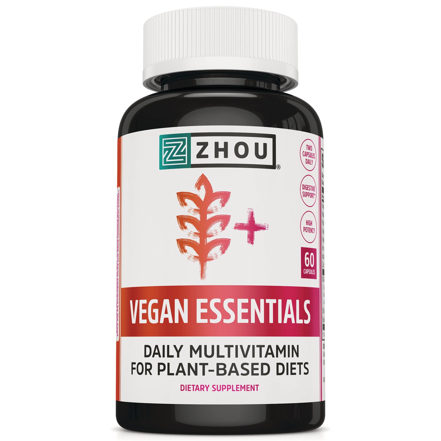 ZOU076 | Zhou Vegan Essentials daily multivitamin for plant-based diets, 60 capsules, front label