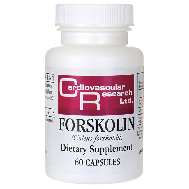 CRR019 | White bottle labeled FORSKOLIN dietary supplement 60 CAPSULES with Cardiovascular Research Ltd logo