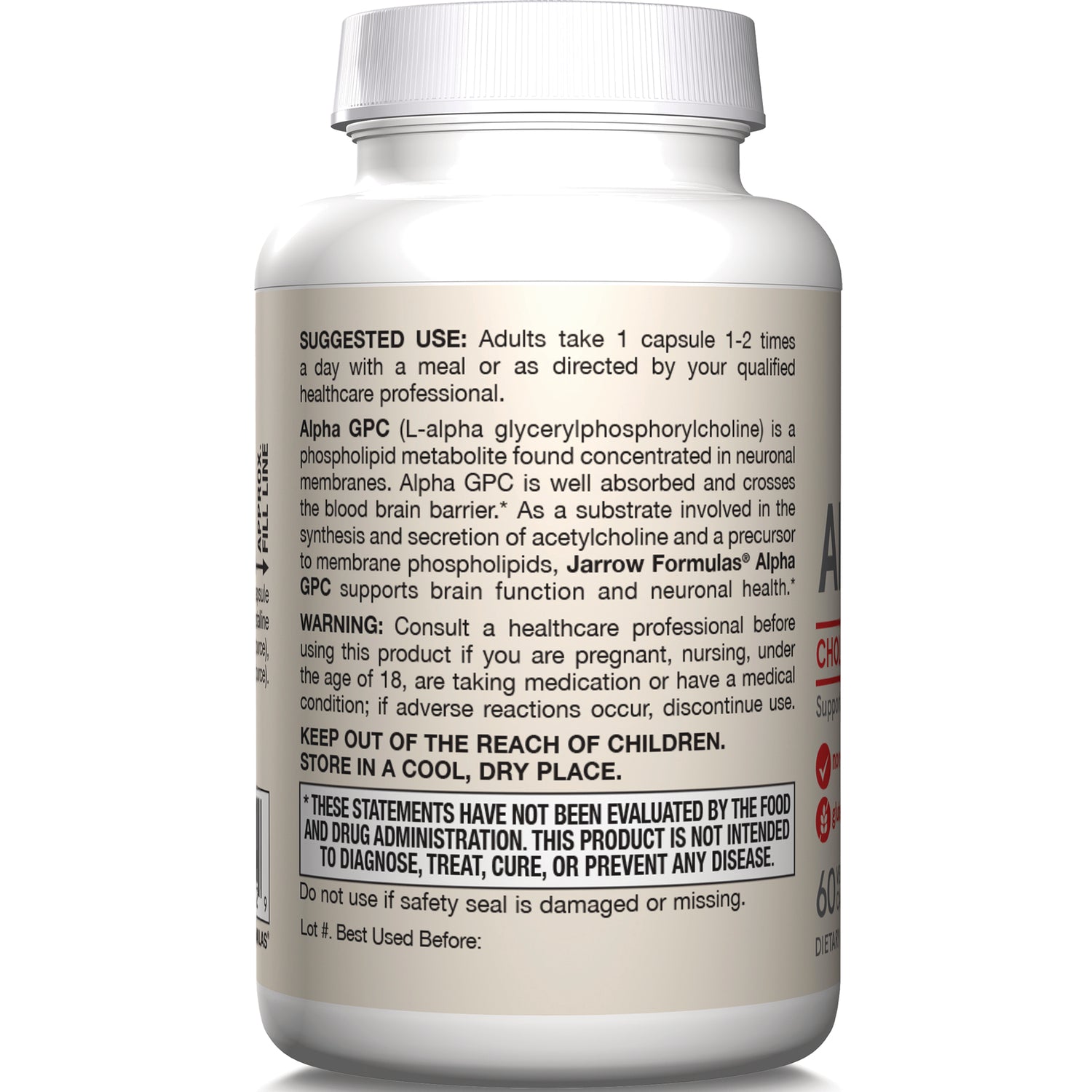 JR183 | Back label of white supplement bottle showing suggested use, warnings, and FDA disclaimer