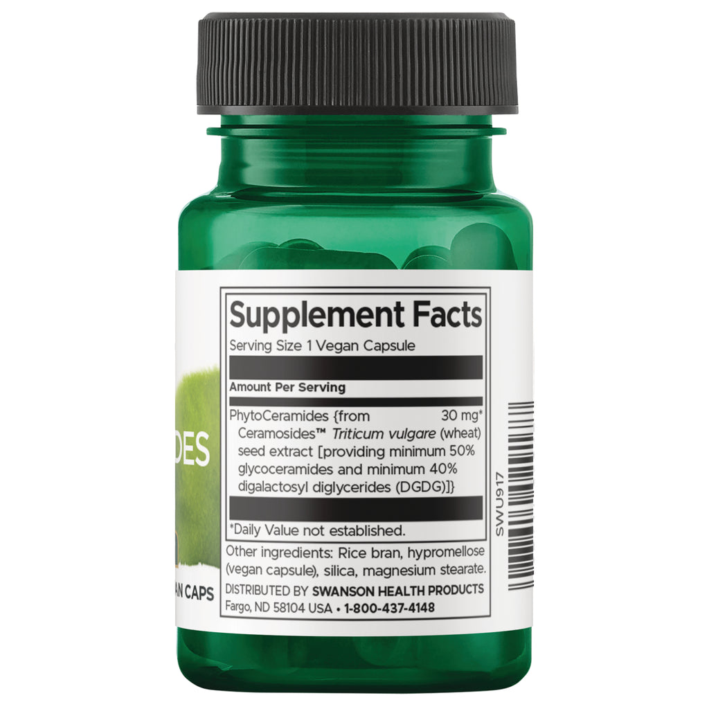 SWU917 | Back label with Supplement Facts panel and barcode on green supplement bottle || SWU917 | Supplement Facts panel with serving size 1 vegan capsule and PhytoCeramides 30 mg - Thumbnail