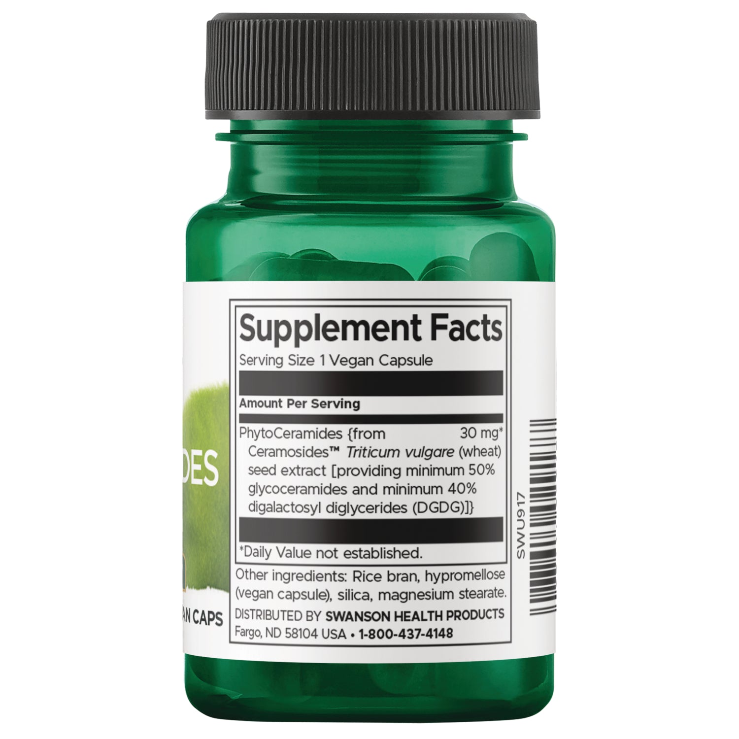 SWU917 | Back label with Supplement Facts panel and barcode on green supplement bottle || SWU917 | Supplement Facts panel with serving size 1 vegan capsule and PhytoCeramides 30 mg