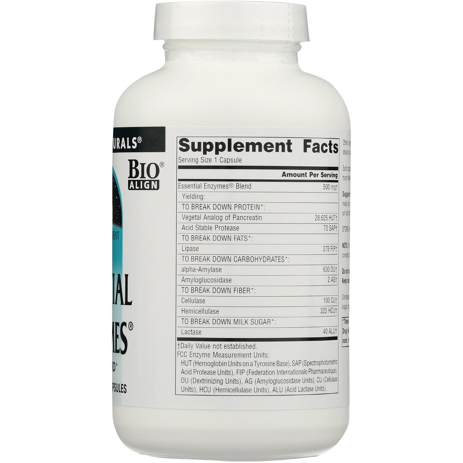 SN106 | Back of white supplement bottle showing Supplement Facts label listing enzyme blend and serving size