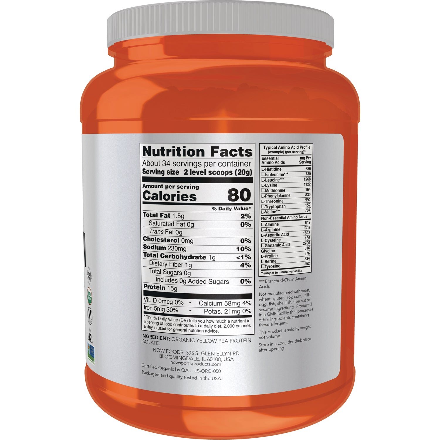 NWF1239 | Nutrition Facts label and amino acid panel on back of orange supplement jar