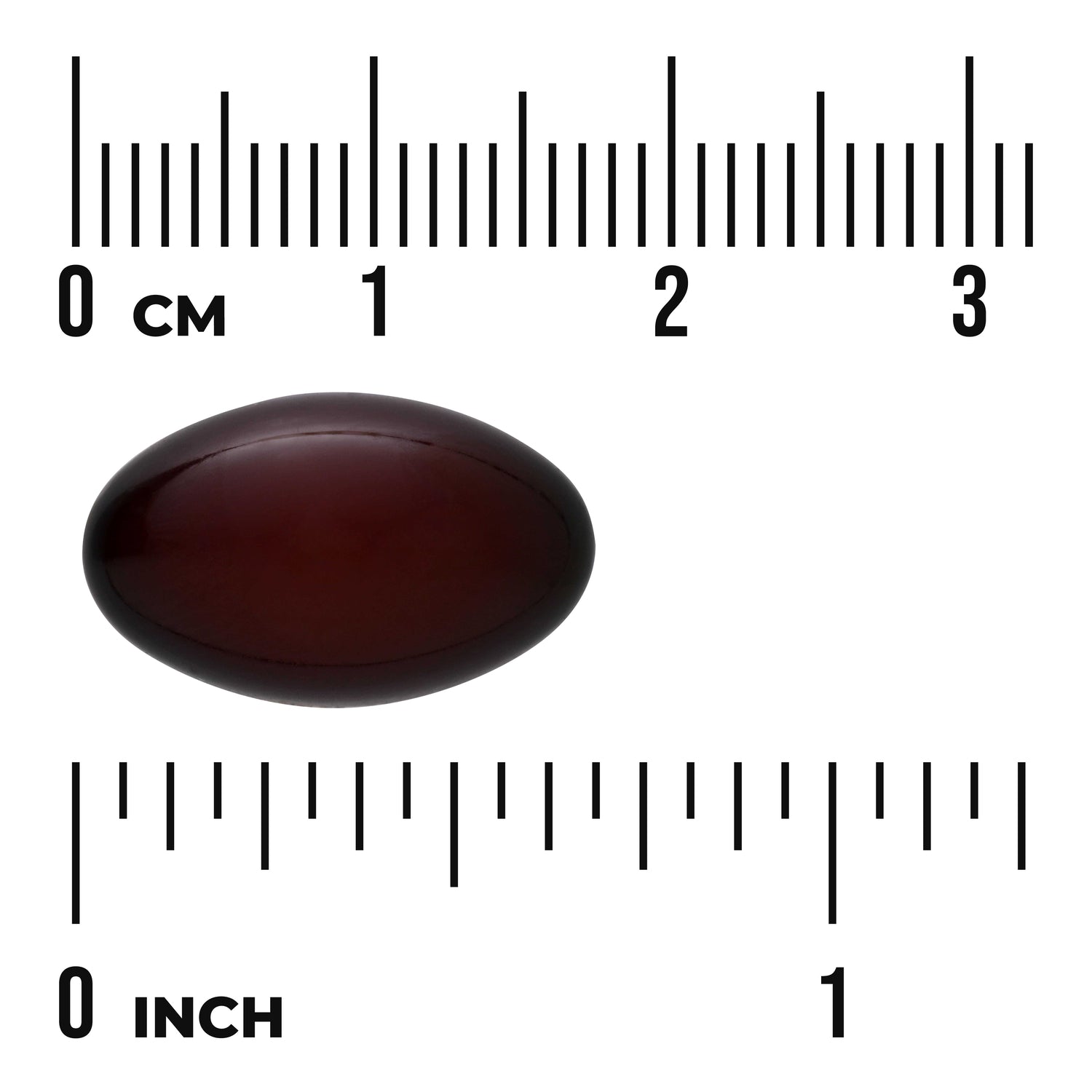 SWU275 | Dark oval softgel shown to size against centimeter and inch rulers