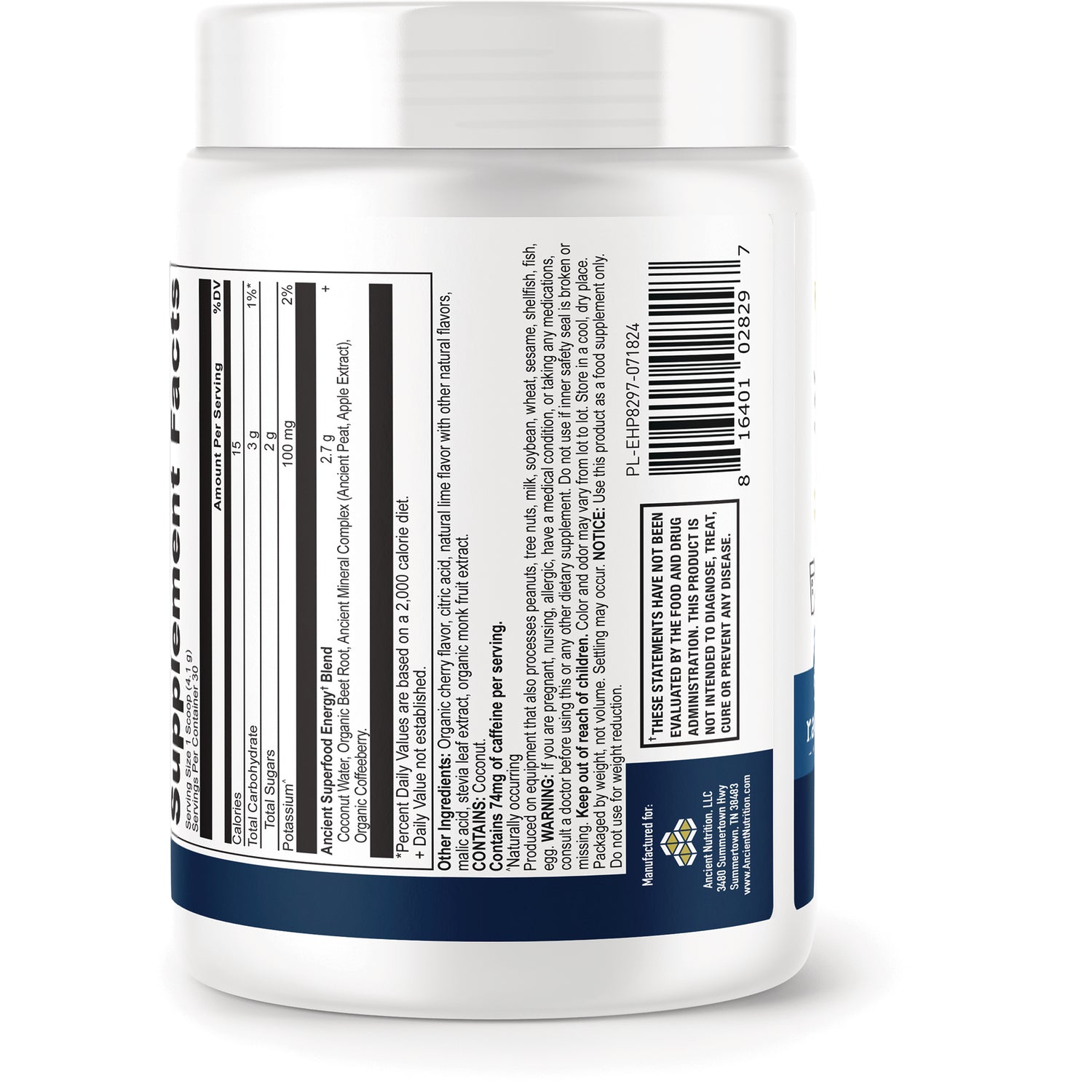 ATN145 | Back of white supplement jar showing Supplement Facts panel, barcode and warning text