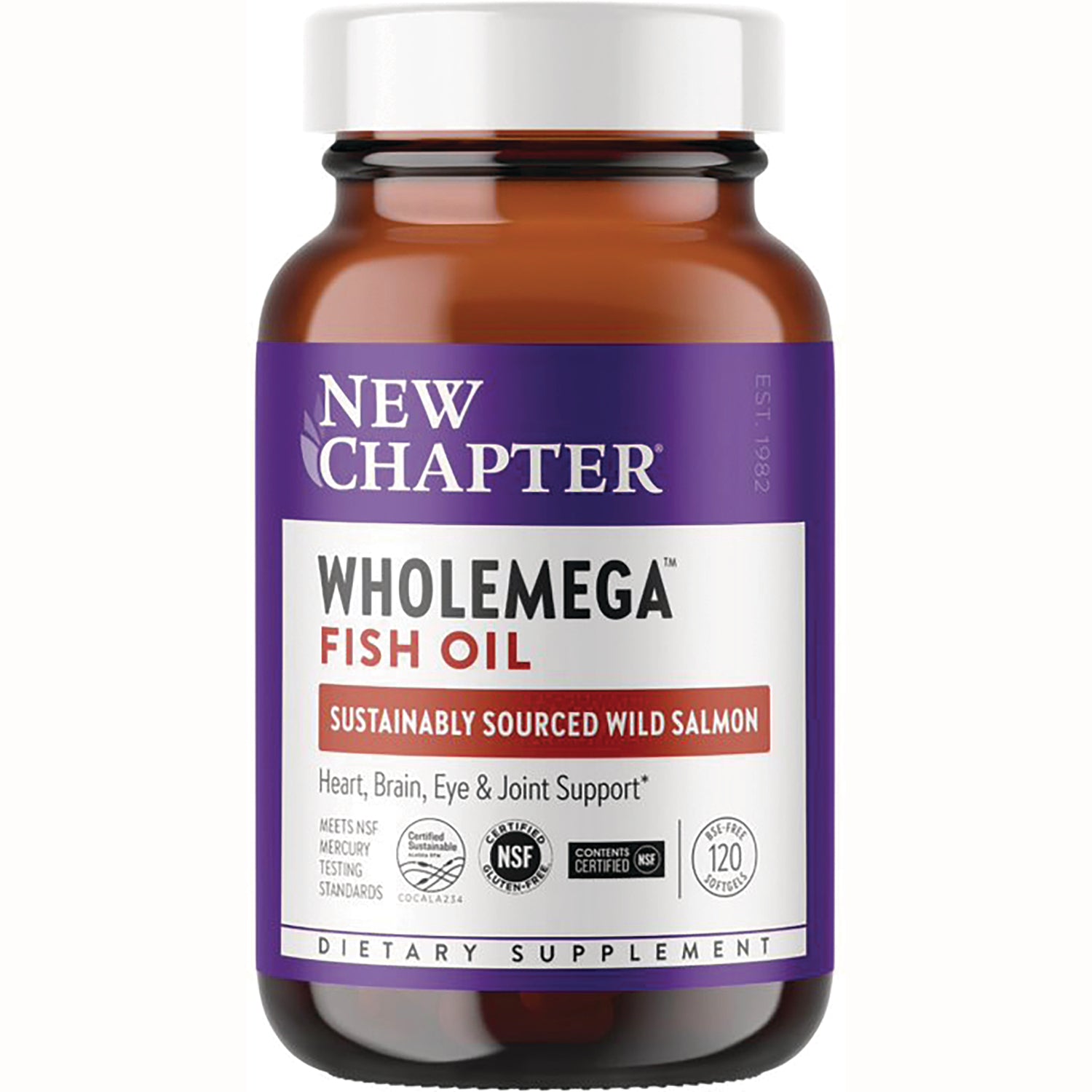 NWC111 | New Chapter Wholemega Fish Oil brown bottle with purple label, sustainably sourced wild salmon, 120 softgels