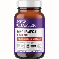 NWC111 | New Chapter Wholemega Fish Oil brown bottle with purple label, sustainably sourced wild salmon, 120 softgels
