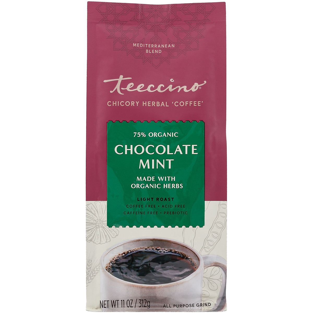 TCN008 | Teeccino Chocolate Mint chicory herbal coffee, 75% organic, light roast, 11 oz bag