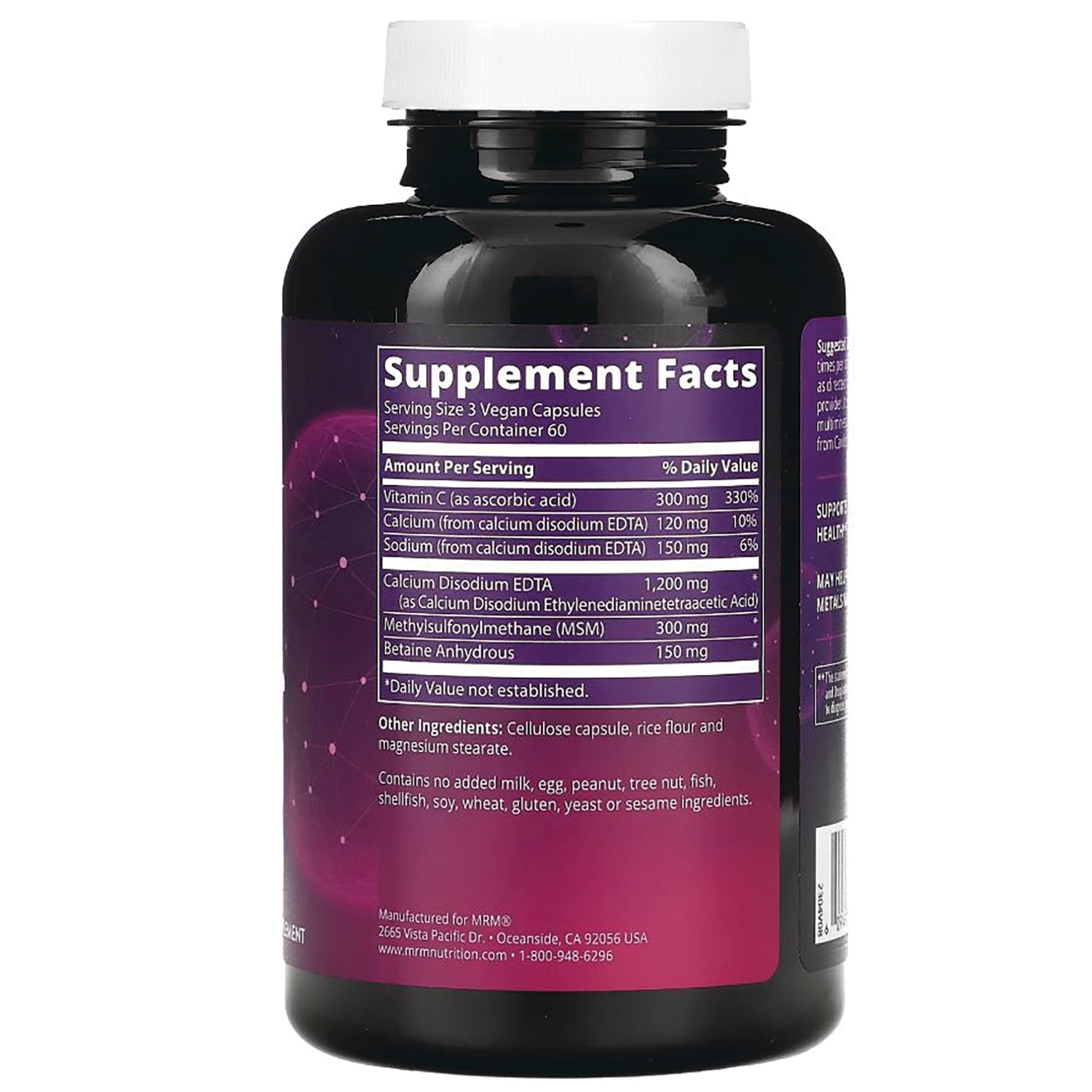 MRM053 | Supplement facts panel and ingredient information on back of purple supplement bottle