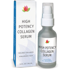 High Potency Collagen Serum pump bottle beside boxed packaging labeled HIGH POTENCY COLLAGEN SERUM