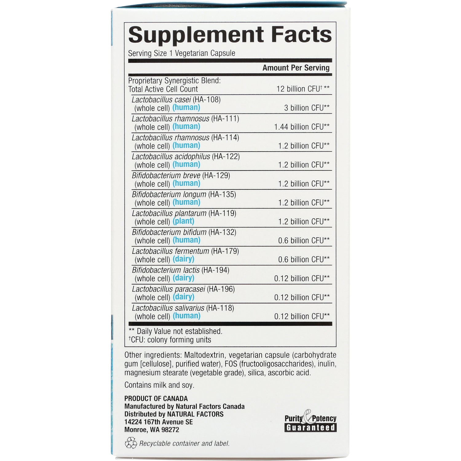 NFC016 | Supplement Facts panel listing probiotic strains, CFU amounts, other ingredients and warnings