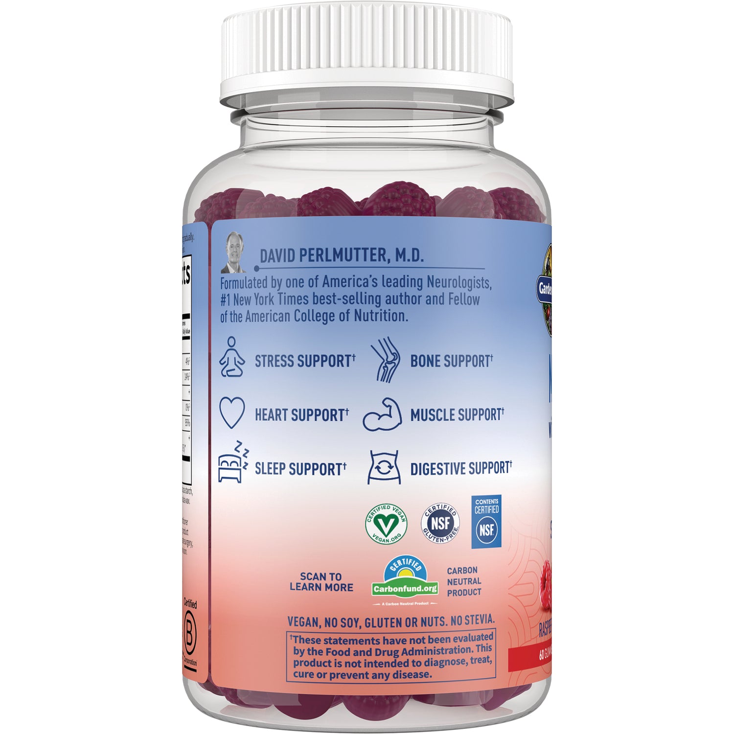 GLF349 | back label of raspberry gummy bottle showing support icons for stress, bone, heart, muscle, sleep, digestive and certification logos