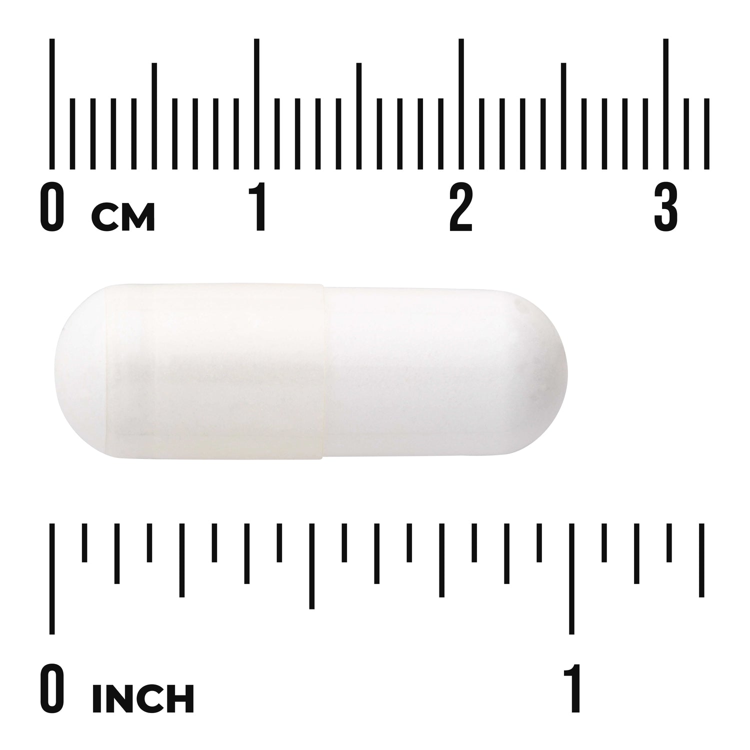 SW1195 | White capsule shown with centimeter and inch rulers for size reference