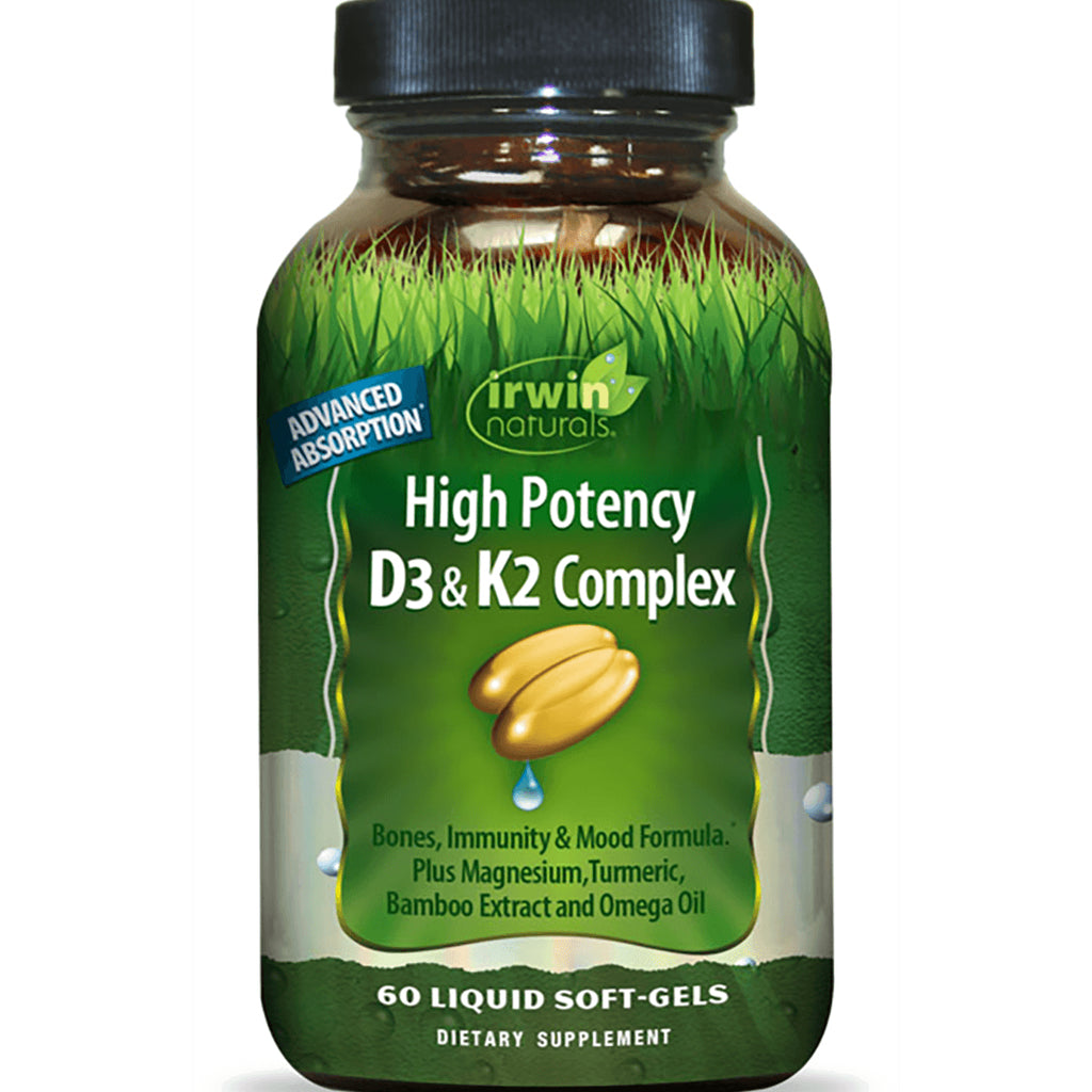 IR149 | Irwin Naturals High Potency D3 & K2 Complex bottle showing front label, 60 liquid soft-gels - Thumbnail