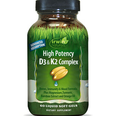 IR149 | Irwin Naturals High Potency D3 & K2 Complex bottle showing front label, 60 liquid soft-gels