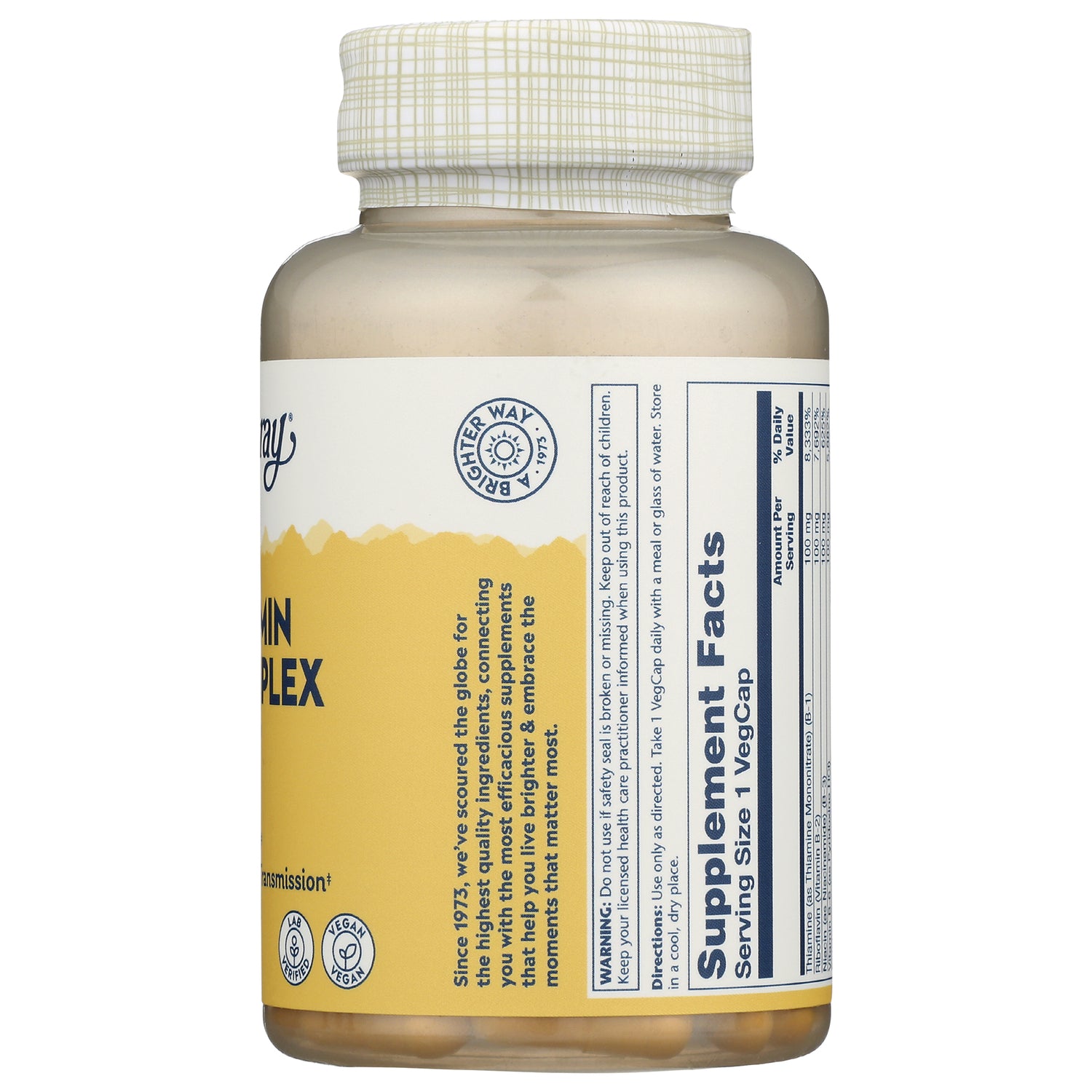 SLR190 | Back of yellow supplement bottle showing Supplement Facts panel, ingredient text and capsules visible