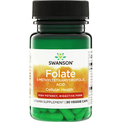 SWU714 | Swanson Folate 5-Methyltetrahydrofolic Acid supplement, Cellular Health, 30 veggie caps bottle front
